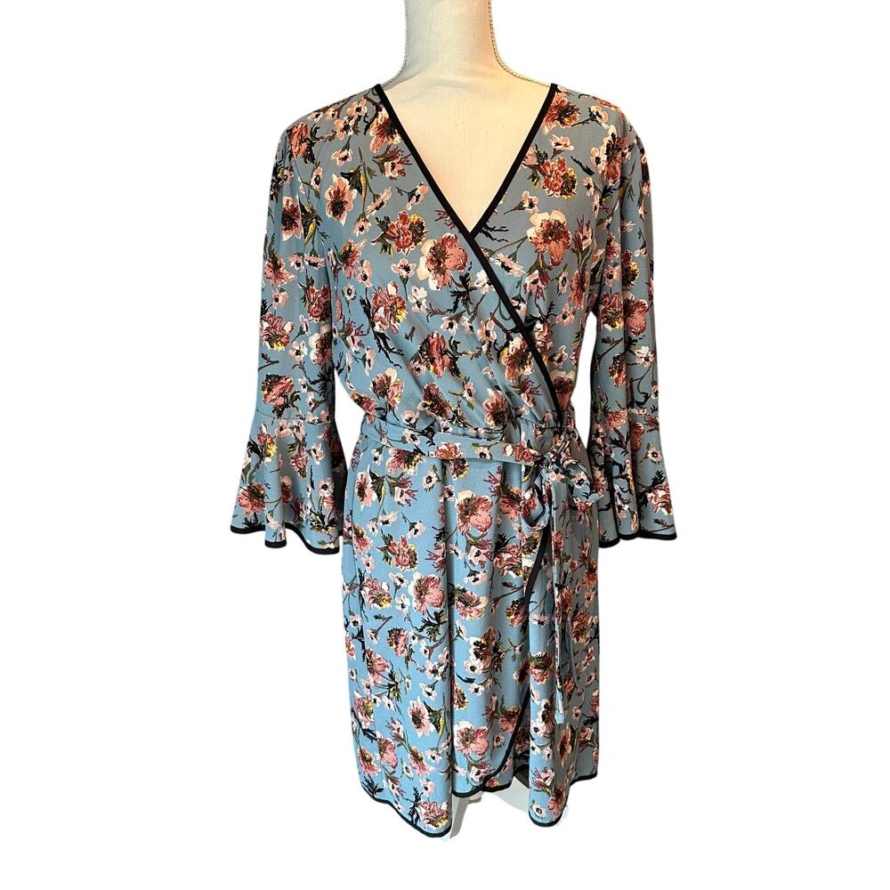 june & hudson Size XL Floral Faux Wrap Dress Bell Sleeve Cottage Boho Date Night